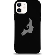 Kzy Apple iPhone 12 Kadın Sülietli Tasarım Silikon Kılıf Altı Kapalı Içi Kadife Lansman Arka Kapak - Siyah