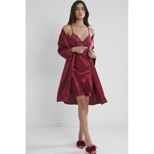 Pierre Cardin 4050 Saten Gecelik Sabahlık Takım - Bordo
