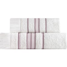 Tertio Stripe Pembe Bordür Pamuk Yumuşak 2'li Havlu Seti (50X100 + 70X140)