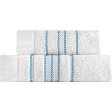 Tertio Stripe Turkuaz Bordür Pamuk Yumuşak 2'li Havlu Seti (50X100 + 70X140)
