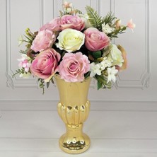 Nettenevime Yapay Çiçek Aranjmanı Gold Cam Antik Vazoda Pembe Güller Masa Üstü Çiçeği Arajman