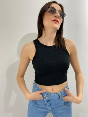 Key Moda Kadın Kalın Askılı Fitilli Siyah Crop Bluz