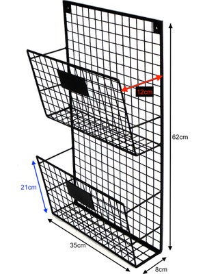 Wess Dizayn Metal Duvar Rafı Dergilik, Kitaplık 2 Gözlü Dikey Evrak Rafı WD233-D2