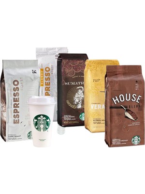 Starbucks Sumatra, Veranda, Blonde, Dark Espresso, House 250 gr Çekirdek Kahve ve Plastik Bardak