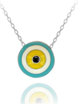 Turkuaz Beyaz Mineli Yuvarlak Nazar Boncuğu Gümüş Kolye