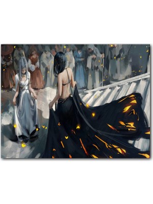 Cakatablo Ahşap Tablo Fantastik Sanat Siyah Giyimli Kraliçe ve Halk Kalabalığı Görseli