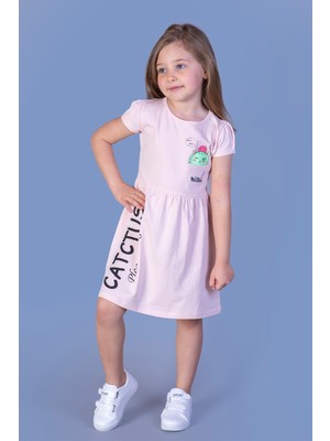 Toontoy Kız Çocuk Cebi Meow Nakışlı Taş Işlemeli Baskılı Elbise