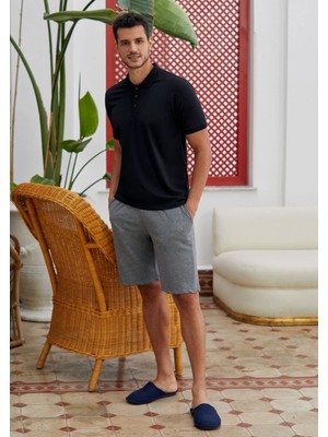 Eros 28020 %100 Pamuk Polo Yaka Altı  Şort Erkek Pijama Takımı - Siyah