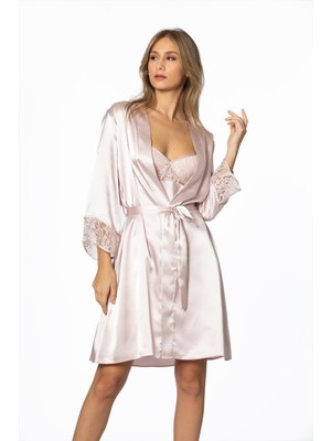 Pierre Cardin 4075 Saten Gecelik Sabahlık Takım - Pudra