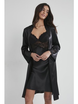 Pierre Cardin 4050 Saten Gecelik Sabahlık Takım - Siyah