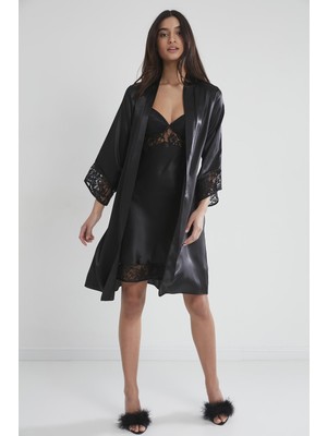 Pierre Cardin 4075 Saten Gecelik Sabahlık Takım - Siyah