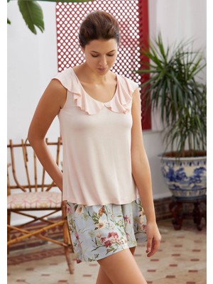 Eros 28640 Modal O Yaka Altı Vual Şortlu Kadın Pijama Takımı - Pudra