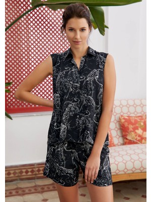 Eros 28660 Vual Leopar Derosn Kolsuz Şortlu Kadın Pijama Takımı - Siyah