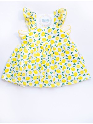 Mika Bebek Limon Baskılı Kız Bebek Sarı Fırfırlı Kanatlı Angel Kloş Elbise