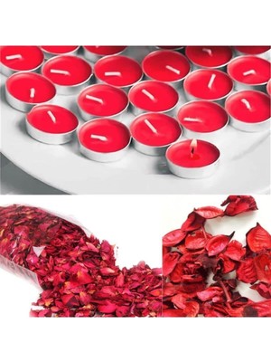 Star Global  Sevgiliye Eşe ARMAĞAN1000 Adet Kuru Gül Yaprağı ( 2 Paket ) + 25 Adet Kırmızı Tealight Mum Romantik Süsleme Seti