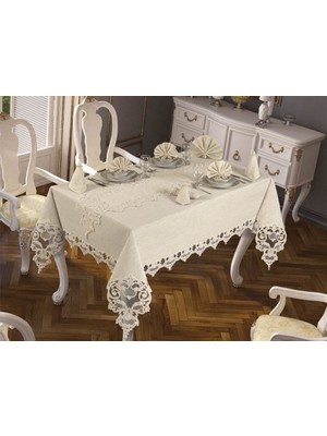 Çeyiz Diyarı Fransız Güpürlü Duru Tek Masa Örtüsü Krem