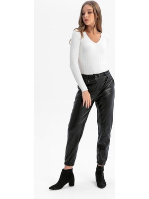 Tiffany & Tomato Yüksek Bel Paçası Lastikli Deri Pantolon Siyah