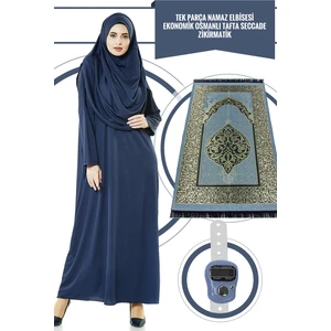 Tek Parça Namaz Elbisesi - Lacivert - 5015  ve  Seccade  ve  Zikirmatik - Üçlü Takım