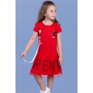 Toontoy Kız Çocuk Tülü Trend Baskılı Şerit Detaylı Elbise