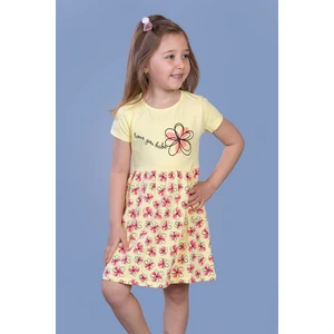 Toontoy Kız Çocuk Çiçek Desenli Yazı Nakışlı Pullu Taş Işlemeli Elbise