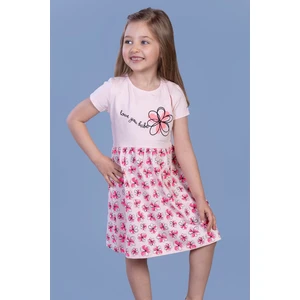 Toontoy Kız Çocuk Çiçek Desenli Yazı Nakışlı Pullu Taş Işlemeli Elbise