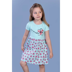 Toontoy Kız Çocuk Çiçek Desenli Yazı Nakışlı Pullu Taş Işlemeli Elbise