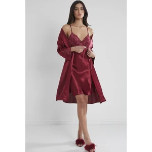 Pierre Cardin 4050 Saten Gecelik Sabahlık Takım - Bordo