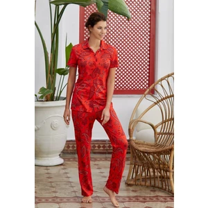 28612 Modal Şal Derosn Kısa Kollu Kadın Pijama Takımı - Kırmızı