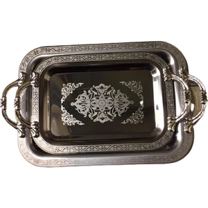 Premetta Aslanmaz Çelik Kilim Model 2'li Silver Desen Tepsi Seti