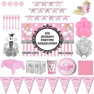 Parti Furyası Diş Buğdayı  Afişli Lüks Dişim Çıktı Pembe  Parti Süsleri 8 Kişilik