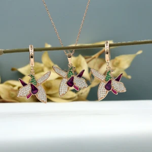 Zirkon Taşlı Renkli Mineli Hari Bülbül Gümüş Küpe Kolye Takım