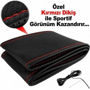 Deri Direksiyon Kılıfı Sarmalı Dikmeli Siyah Dikişli Ipli