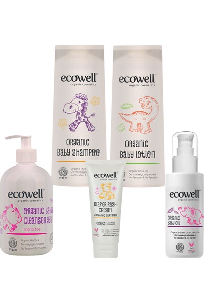 Ecowell Organik Bebek Bakım Full Avantaj Paketi (Bebe Şampuanı + Bebe Losyonu+ Temizleme Jeli + Bebe Yağı + Pişik Kremi)