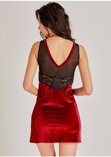 72437 Dantelli Kadife Gecelik - Koyu Bordo