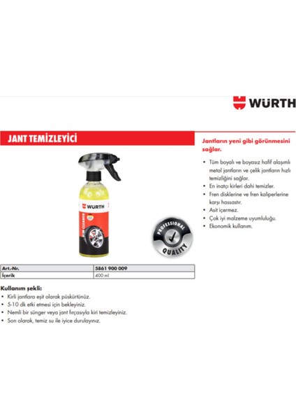 Würth 3 Lü Set Oto Yıkama Süngeri, Sentetik Güderi Bez, Jant Temizleme Spreyi 400 ml Jant Temizleme Seti