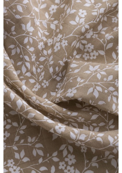 Müslin Bezi Örtü Menekşe Desen - Bej 120X120 cm + 4 Adet Ağız Mendili