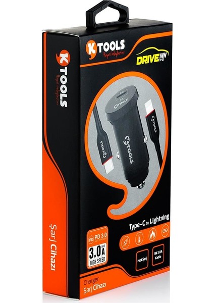 Drive Inn Pd 20W Usb-C To Lightning Kablolu Araç Şarjı Siyah
