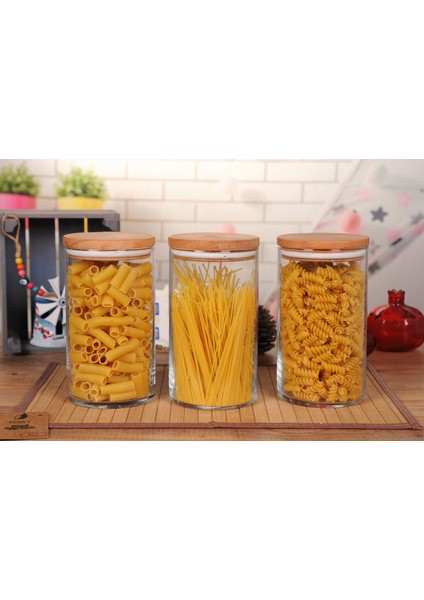 3'lü Ahşap Kapaklı Cam Kavanoz 1400 cc