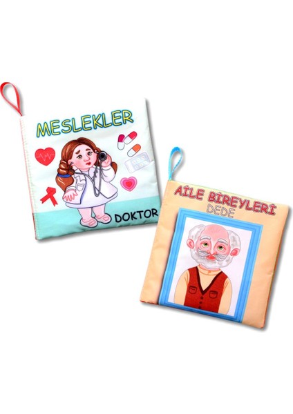 2 Kitap Tox Aile Bireyleri ve Meslekler Kumaş Sessiz Kitap T109/T112 - Bez Kitap , Eğitici Oyuncak , Yumuşak ve Hışırtılı