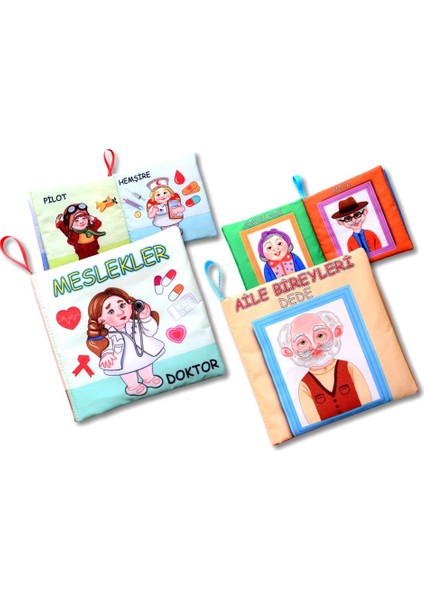 2 Kitap Tox Aile Bireyleri ve Meslekler Kumaş Sessiz Kitap T109/T112 - Bez Kitap , Eğitici Oyuncak , Yumuşak ve Hışırtılı