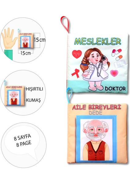 2 Kitap Tox Aile Bireyleri ve Meslekler Kumaş Sessiz Kitap T109/T112 - Bez Kitap , Eğitici Oyuncak , Yumuşak ve Hışırtılı