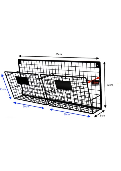 Wess Dizayn Metal Duvar Rafı Dergilik, Kitaplık 2 Gözlü Yatay Evrak Rafı WD233-Y2