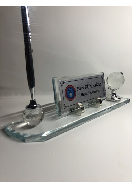 Cam Masa Isimliği Kişiye Özel Masaüstü Şeffaf - Gümüş 28 x 6 cm