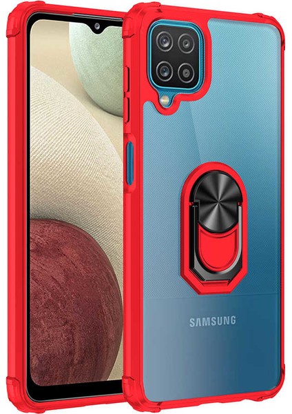 - Samsung Galaxy A12 - Kılıf Yüzüklü Arkası Şeffaf Koruyucu Mola Kapak - Kırmızı - T16373
