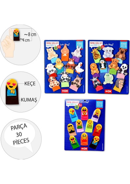 3 Set - 30 Parça Tox Evcil , Vahşi Hayvanlar ve Emojiler Parmak Kukla 77-2/78-2/106