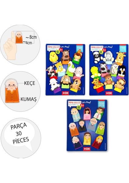3 Set - 30 Parça Tox Evcil , Vahşi Hayvanlar ve Aile Bireyleri Parmak Kukla 77-1/78-1/75-2