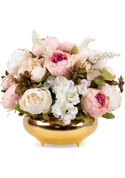 Metal Gold Saksıda Pastel Renkli Cipsolu Şakayık Tanzim Yapay Çiçek