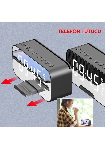 D88 Bluetooth Kablosuz Hoparlör Radyo Masa Saat Alarm LED