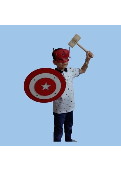 Ahşap Oyuncak Seti 4'lü, Kaptan Türkiye Maskesi, Kalkanı, Kılıcı ve Ahşap Tor (Thor) Çekici