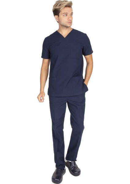 Erkek Doktor Hemşire Forması Scrubs Alpaka Kumaş Hastane Nöbet Takımı Zarf Yaka Klasik Kol